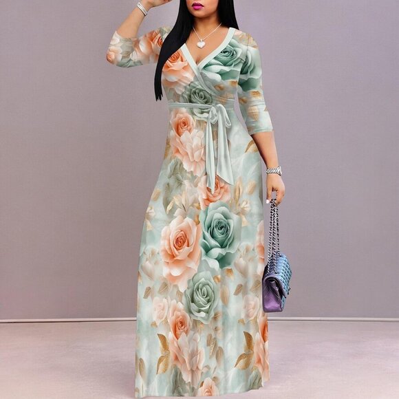 Women's Plus Size Maxi Dresses 3/4 Sleeves Bohemian Long Dress Printed Swing Dre - Picture 5 of 6